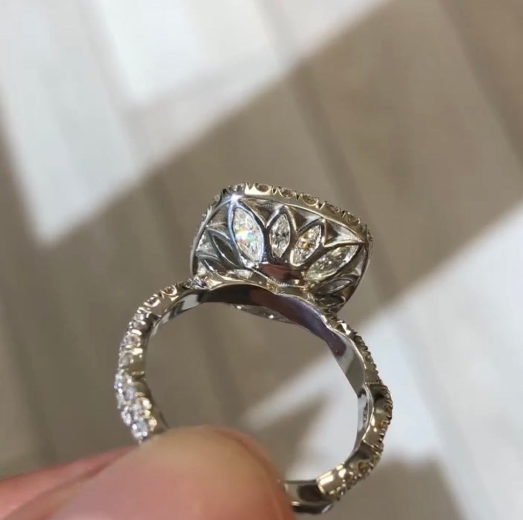 Round Cut Moissanite Ring Round Double Halo Engagement Ring Tulip Set Twisted Band Ring White Gold Wedding Ring  Anniversary Ring