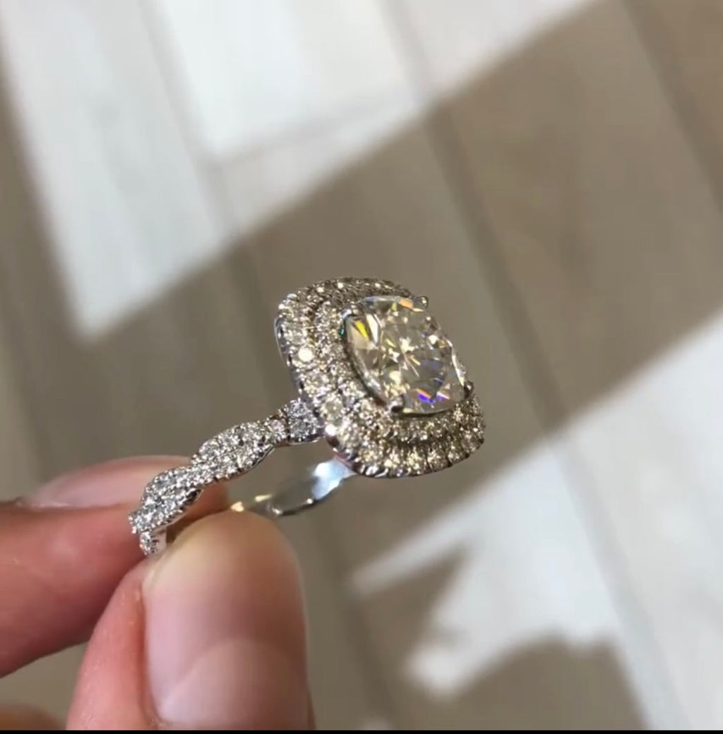 Round Cut Moissanite Ring Round Double Halo Engagement Ring Tulip Set Twisted Band Ring White Gold Wedding Ring  Anniversary Ring