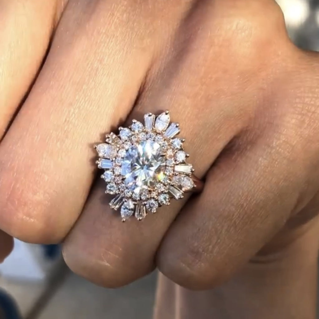 Starburst Oval Cut Moissanite Engagement Ring Halo Set Vintage Ring Rose Gold Wedding Ring Anniversary Ring Handmade Promise Ring