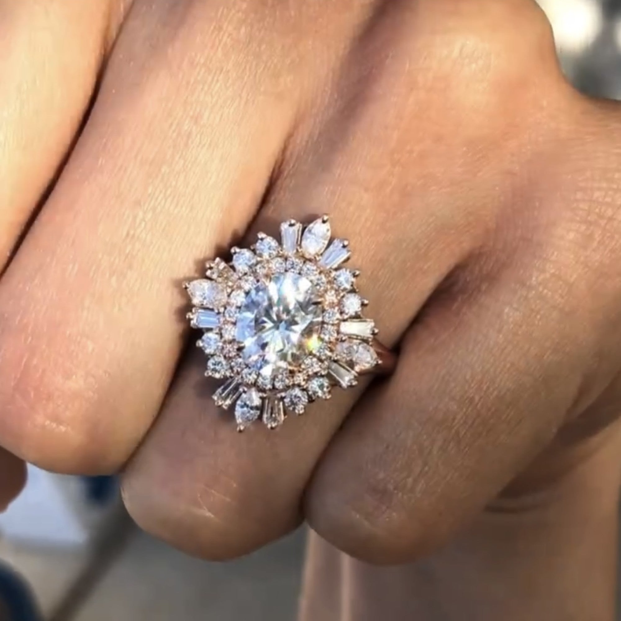 Starburst Oval Cut Moissanite Engagement Ring Halo Set Vintage Ring Rose Gold Wedding Ring Anniversary Ring Handmade Promise Ring