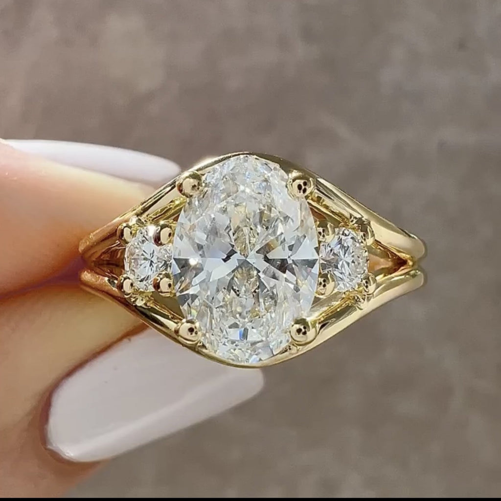 Thee Stone Oval Cut Lab Grown Engagement Ring Gold Wedding Ring For Women Past Present Future Ring Anniversary Ring Promise Ring