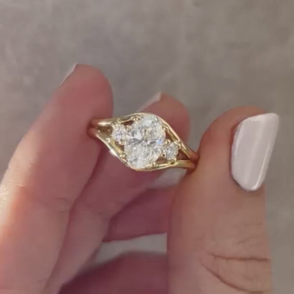 Thee Stone Oval Cut Lab Grown Engagement Ring Gold Wedding Ring For Women Past Present Future Ring Anniversary Ring Promise Ring