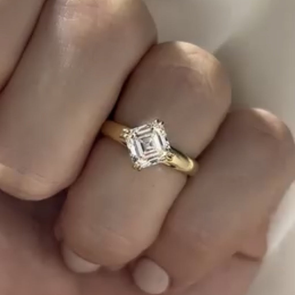 East West Asscher Cut Moissanite Engagement Ring Double Claw Prong Gold Solitaire Ring Horizontal Ring Wedding Ring Promise Ring