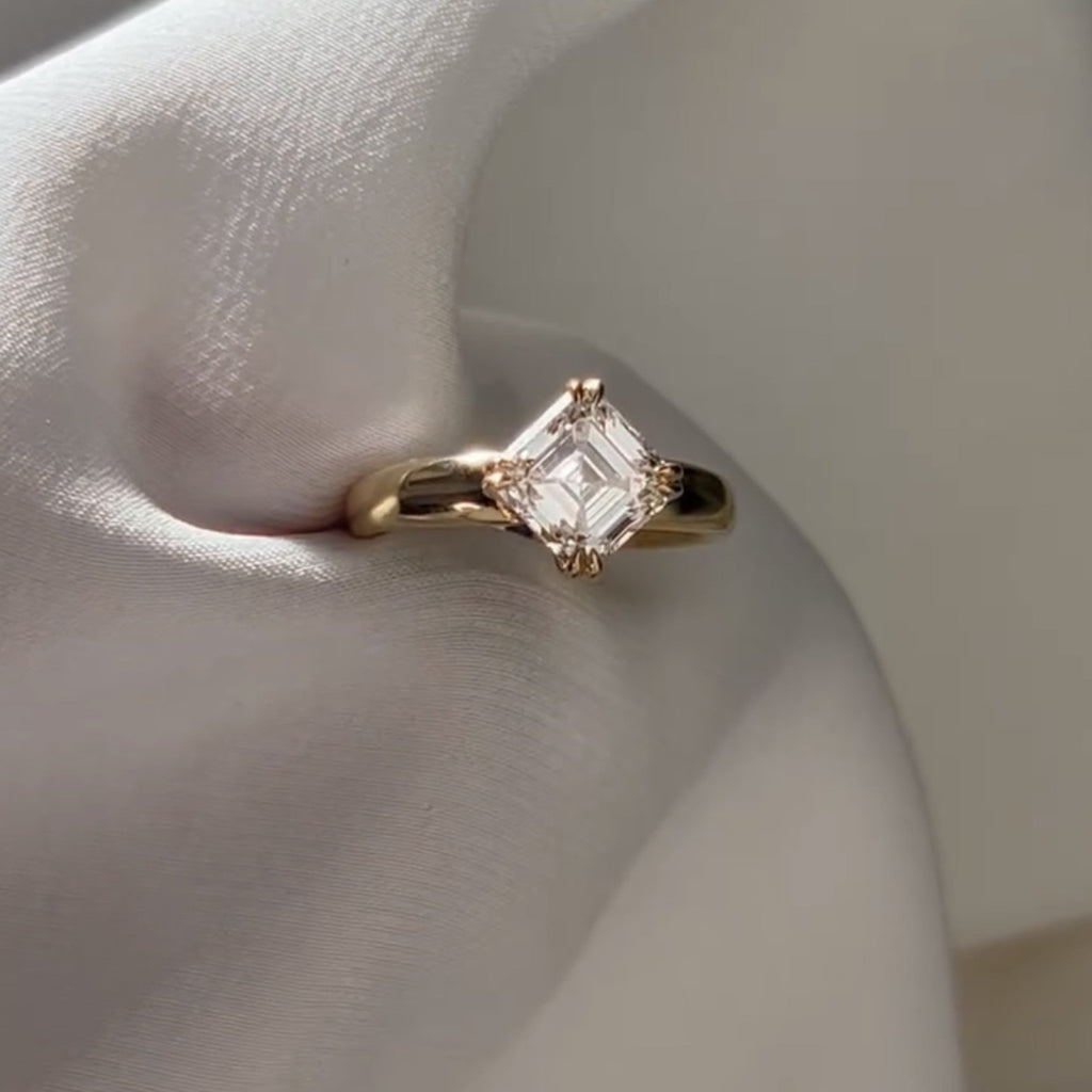 East West Asscher Cut Moissanite Engagement Ring Double Claw Prong Gold Solitaire Ring Horizontal Ring Wedding Ring Promise Ring