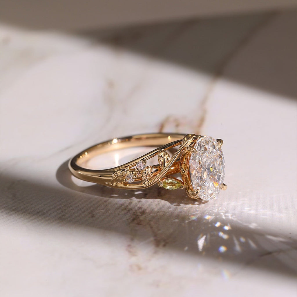 Vintage Oval Engagement Ring Oval Art Deco Moissanite Ring Solid Gold Nature Inspired Ring Wedding Rings For Women Anniversary Ring