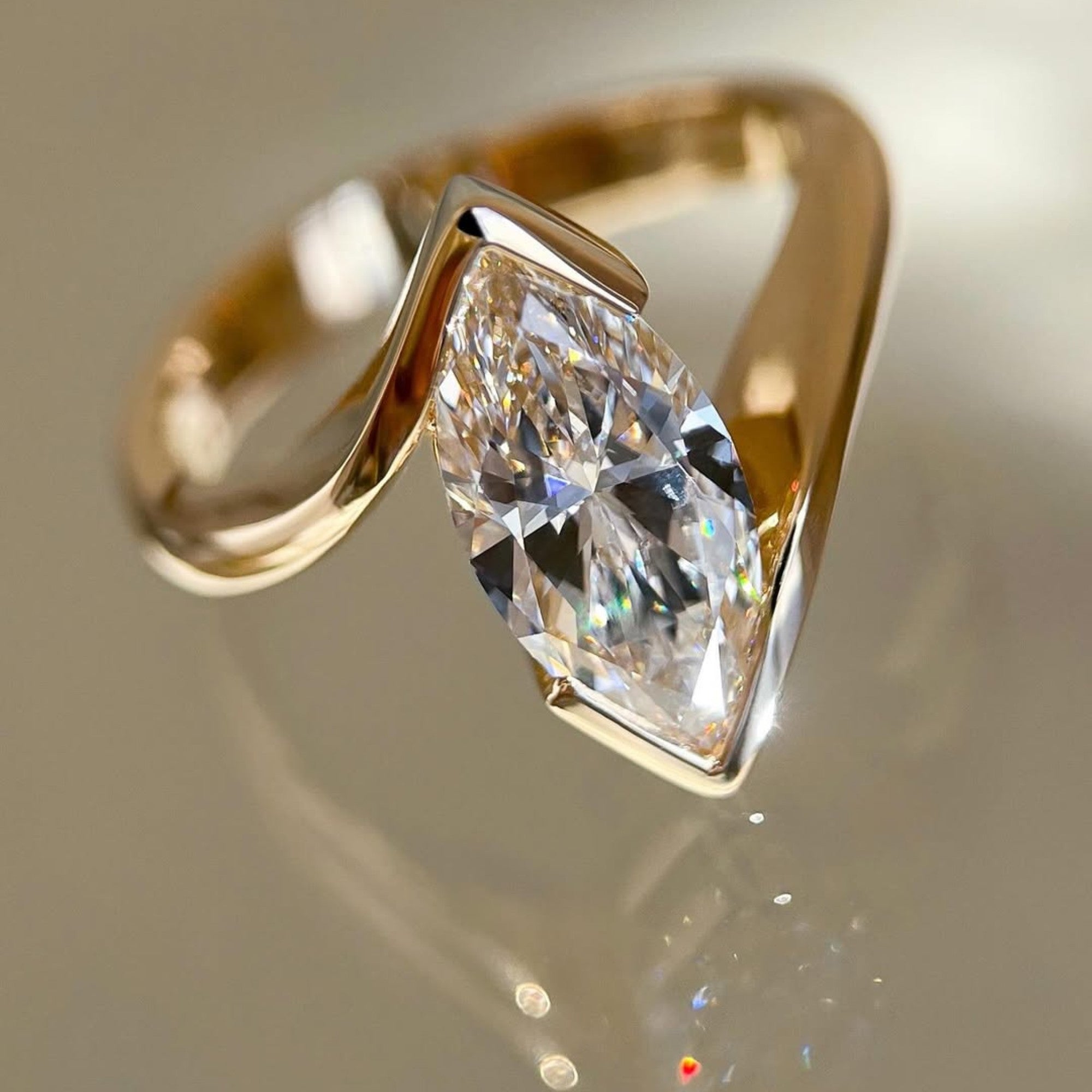 Half Bezel Set Marquise Cut Engagement Ring Bypass Moissanite Ring Solid Gold Wedding Ring Anniversary Rings For Women Promise Ring