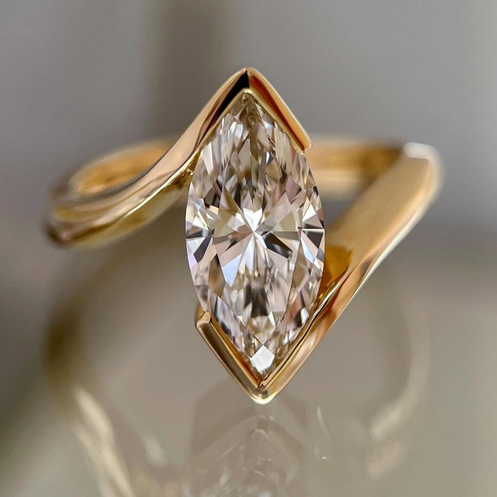 Half Bezel Set Marquise Cut Engagement Ring Bypass Lab Grown Ring Solid Gold Wedding Ring Anniversary Rings For Women Promise Ring