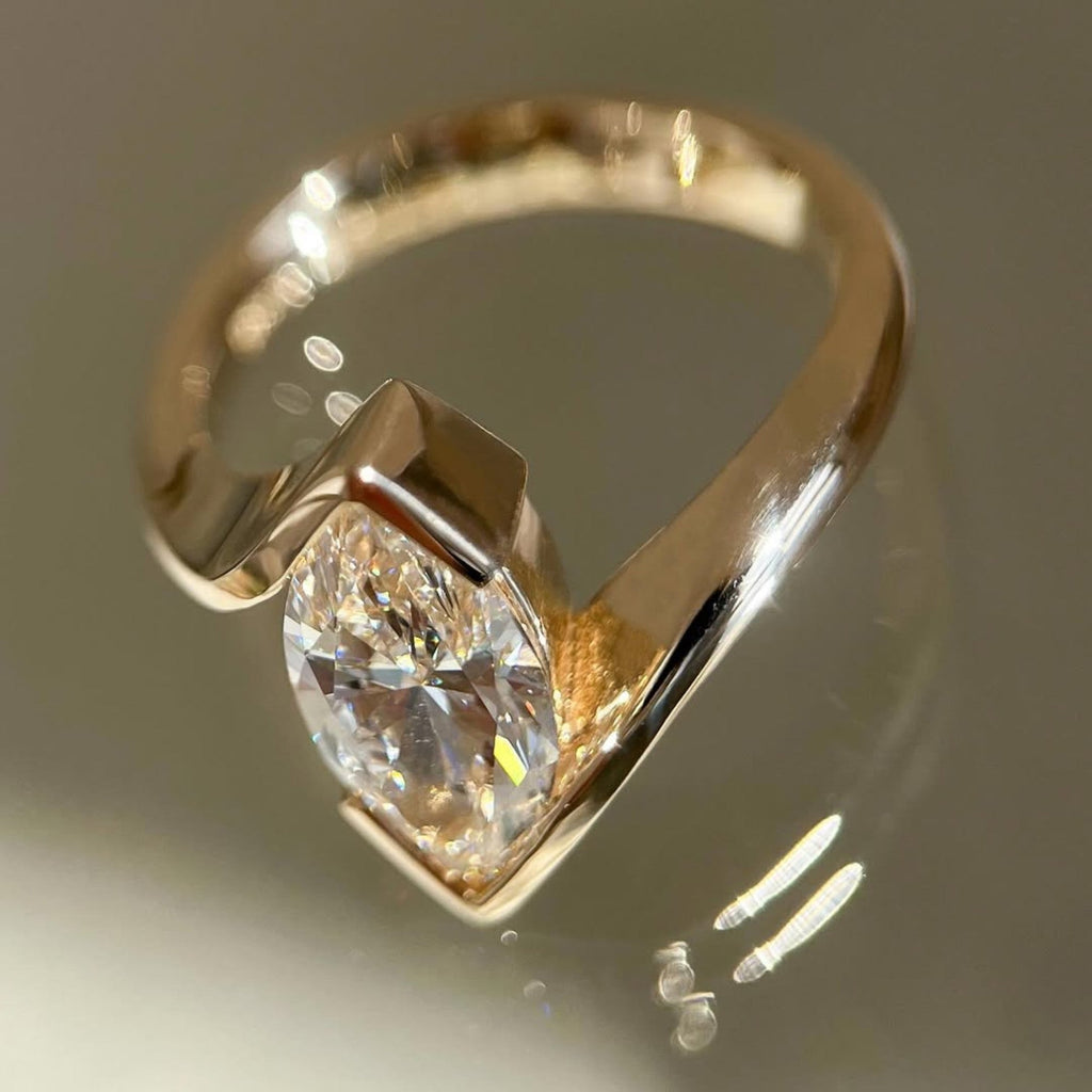 Half Bezel Set Marquise Cut Engagement Ring Bypass Lab Grown Ring Solid Gold Wedding Ring Anniversary Rings For Women Promise Ring