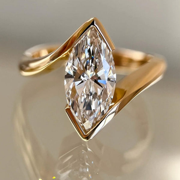Half Bezel Set Marquise Cut Engagement Ring Bypass Lab Grown Ring Solid Gold Wedding Ring Anniversary Rings For Women Promise Ring