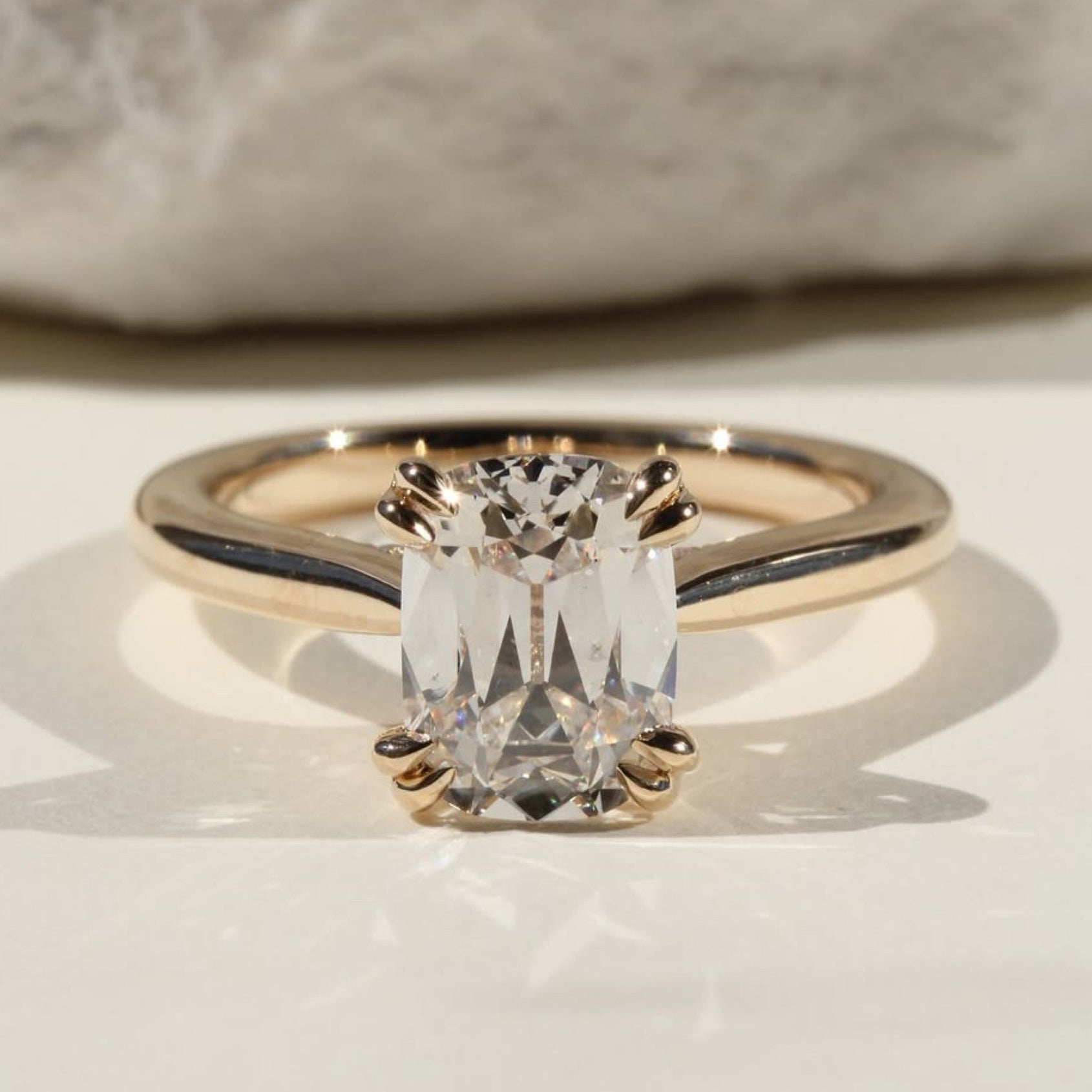 Old Mine Elongated Cushion Lab Grown Engagement Ring Vintage Double Claw Prong Ring Tulip Set Solid Gold Wedding Rings For Women