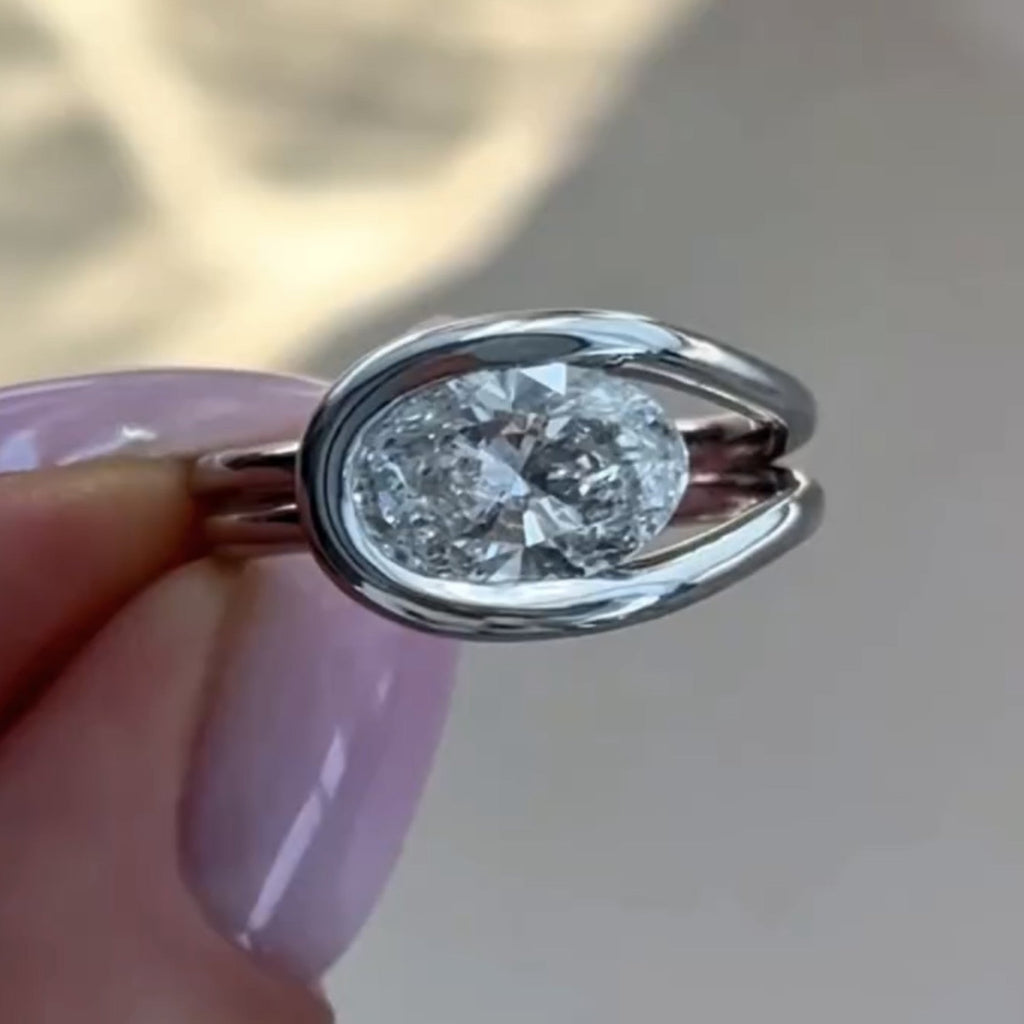 Half Bezel Set  Oval Cut Engagement Ring Oval East West Moissanite Ring  Wedding Rings For Women Anniversary Gift For Her