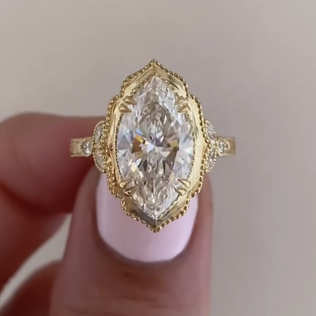 Bezel Set  Marquise Cut Lab Grown Engagement Art Deco  Vintage Wedding Ring Nature Inspired Ring Anniversary Rings For Women