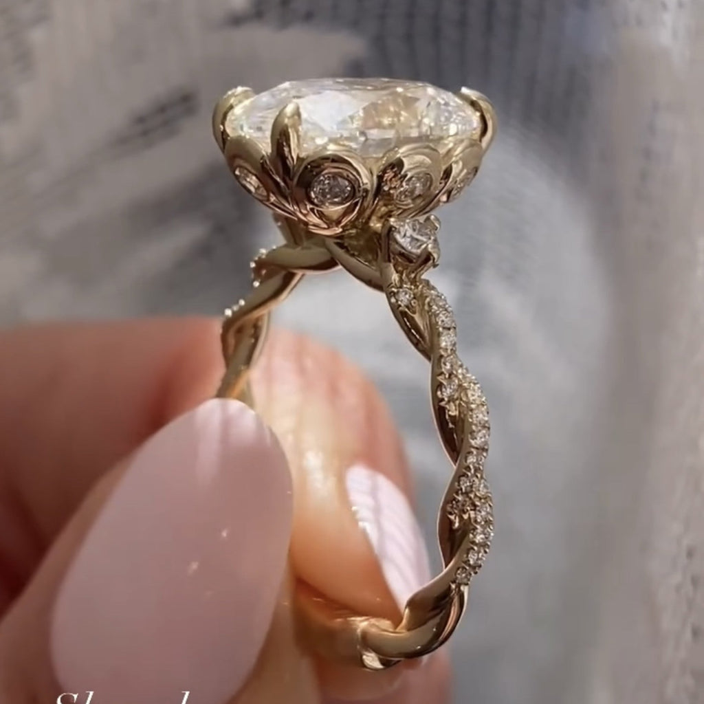 Oval Cut Moissanite Diamond Engagement Ring with Twisted Pave Band