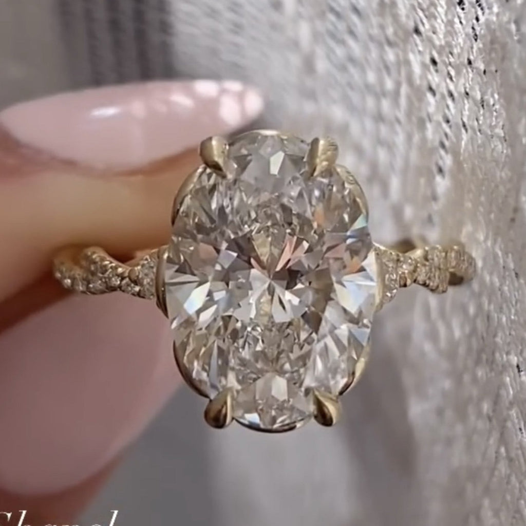 Oval Cut Lab Grown Diamond Engagement Ring with Twisted Pave Band