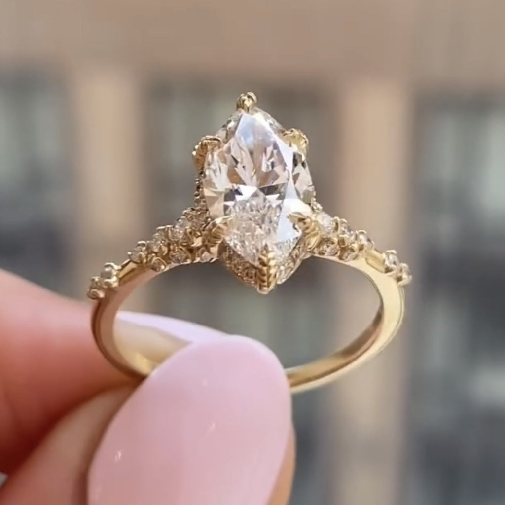 Marquise Cut Moissanite Art Deco Engagement Ring Hidden Halo Gold Wedding Ring Anniversary Rings For Women Nature Inspired Ring