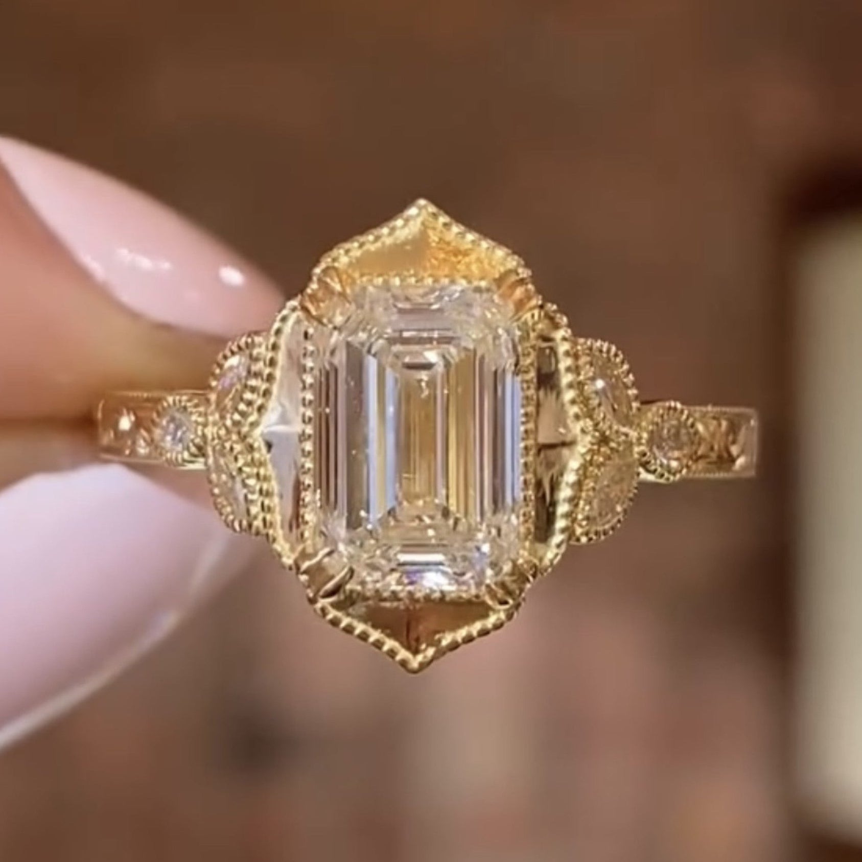 Emerald Cut Vintage Moissanite Engagement Ring Double Claw Prong Gold Art Deco Ring Nature Inspired Wedding Ring Anniversary Ring