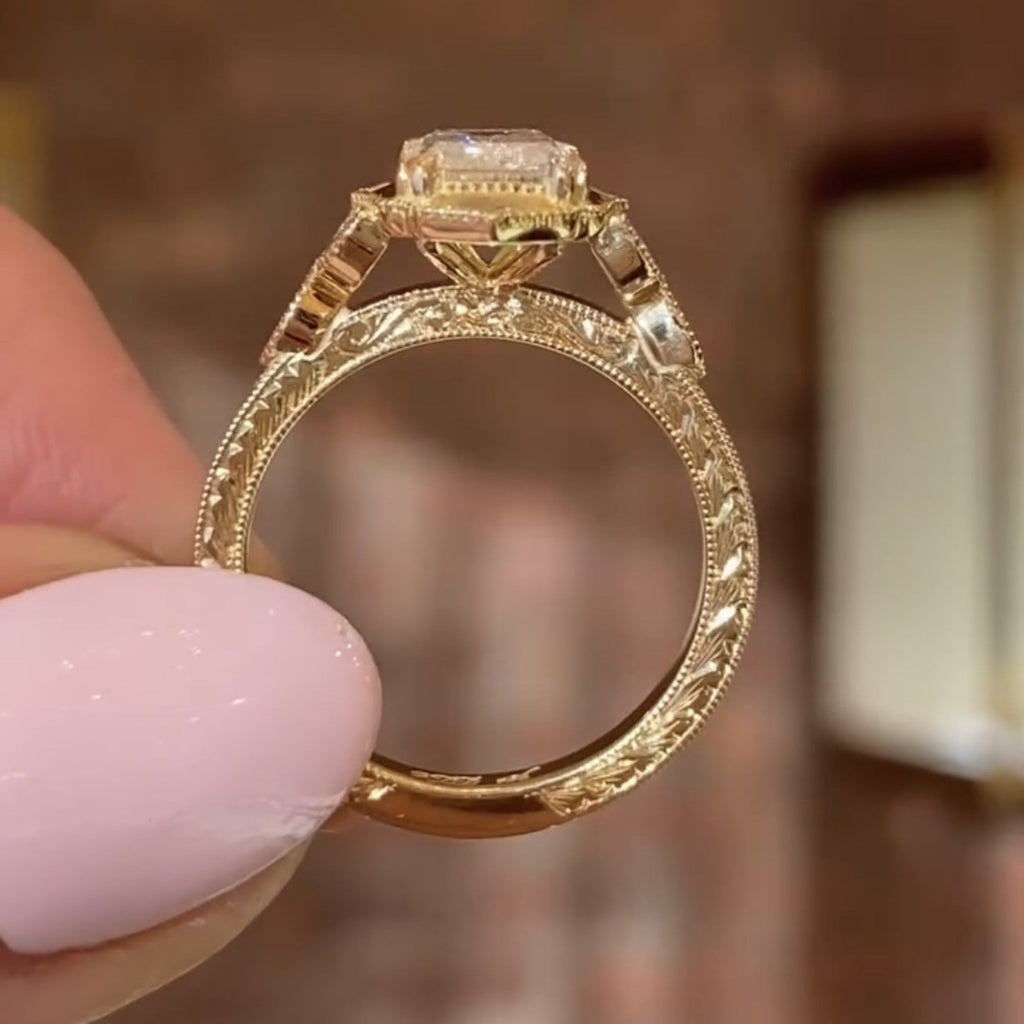 Emerald Cut Vintage Moissanite Engagement Ring Double Claw Prong Gold Art Deco Ring Nature Inspired Wedding Ring Anniversary Ring