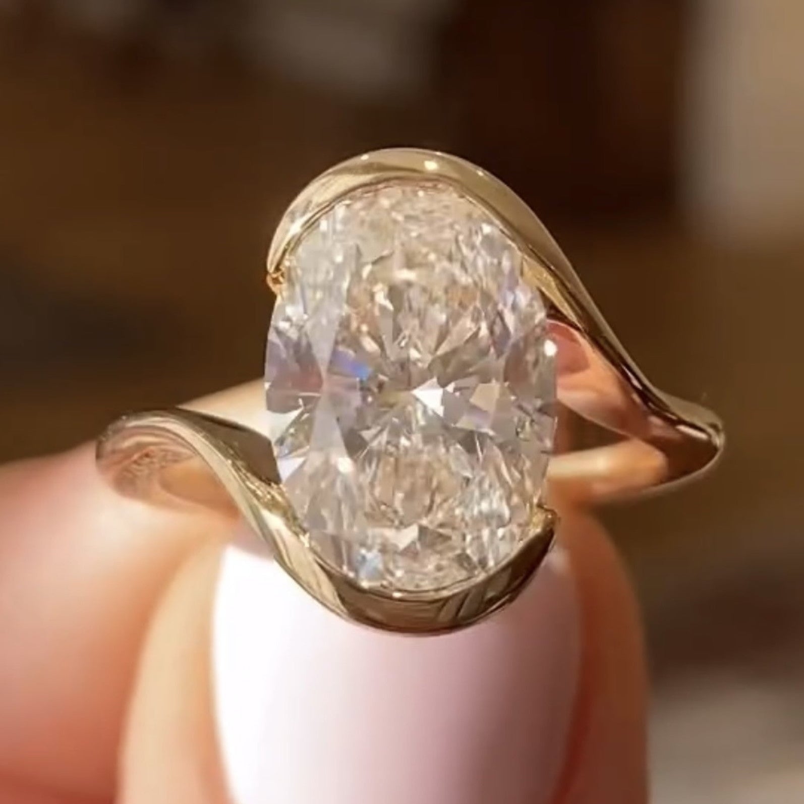 Oval Cut Bypass Engagement Ring Oval Half Bezel Set Moissanite Ring Solid Gold Wedding Ring For Women Anniversary Ring Promise Ring