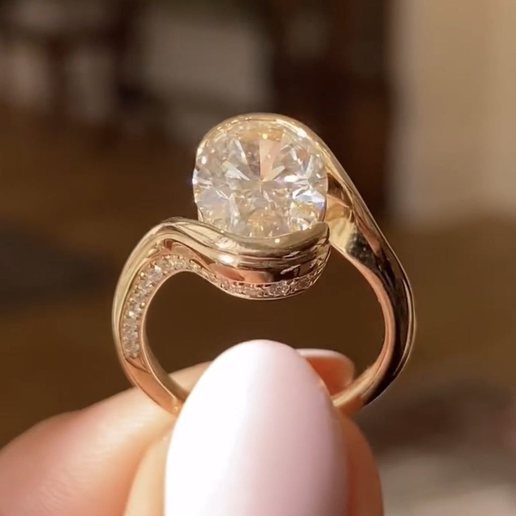Oval Cut Bypass Engagement Ring Oval Half Bezel Set Moissanite Ring Solid Gold Wedding Ring For Women Anniversary Ring Promise Ring