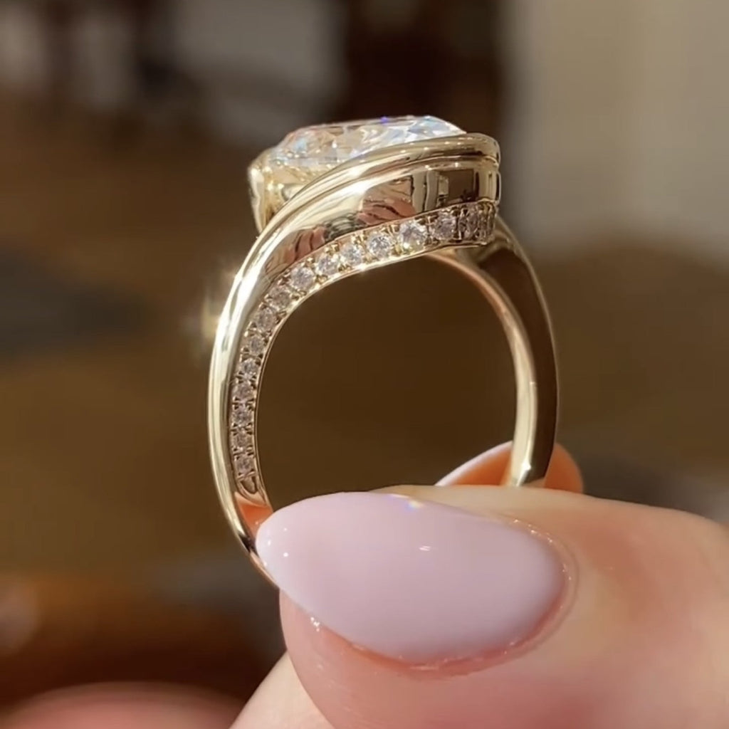 Oval Cut Bypass Engagement Ring Oval Half Bezel Set Lab Grown Ring Solid Gold Wedding Ring For Women Anniversary Ring Promise Ring