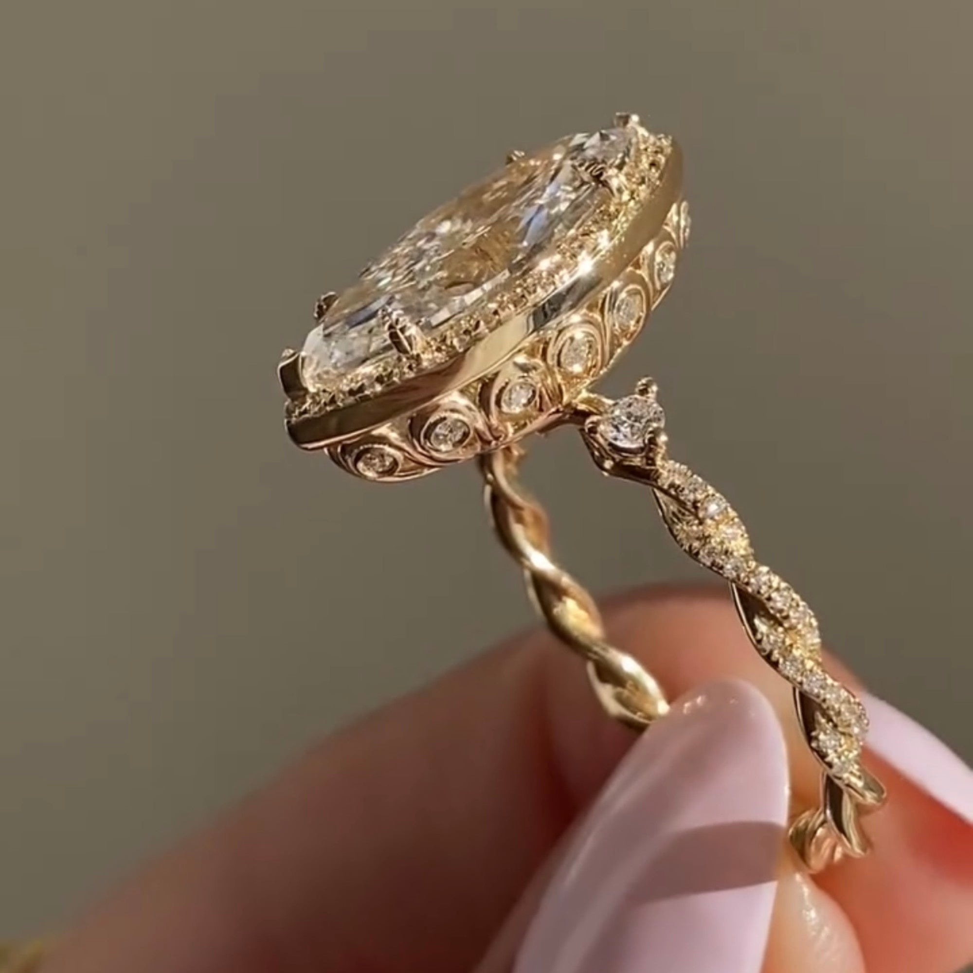 Marquise Cut Lab Grown Diamond Ring Unique Tulip Set Twisted Band Ring