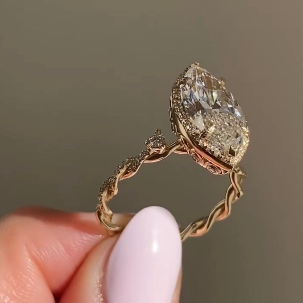 Marquise Cut Moissanite Diamond Ring Unique Tulip Set Twisted Band Ring