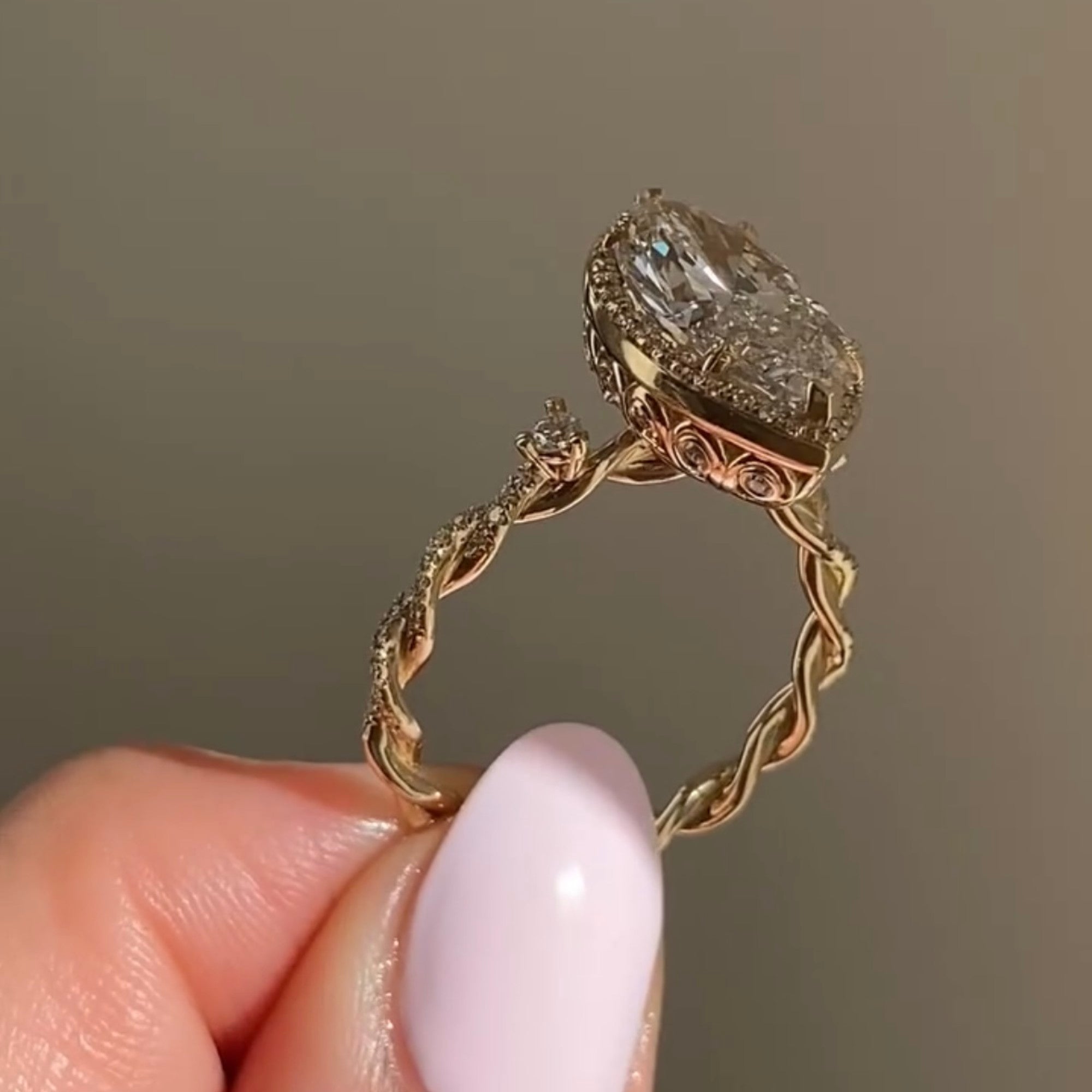 Marquise Cut Lab Grown Diamond Ring Unique Tulip Set Twisted Band Ring