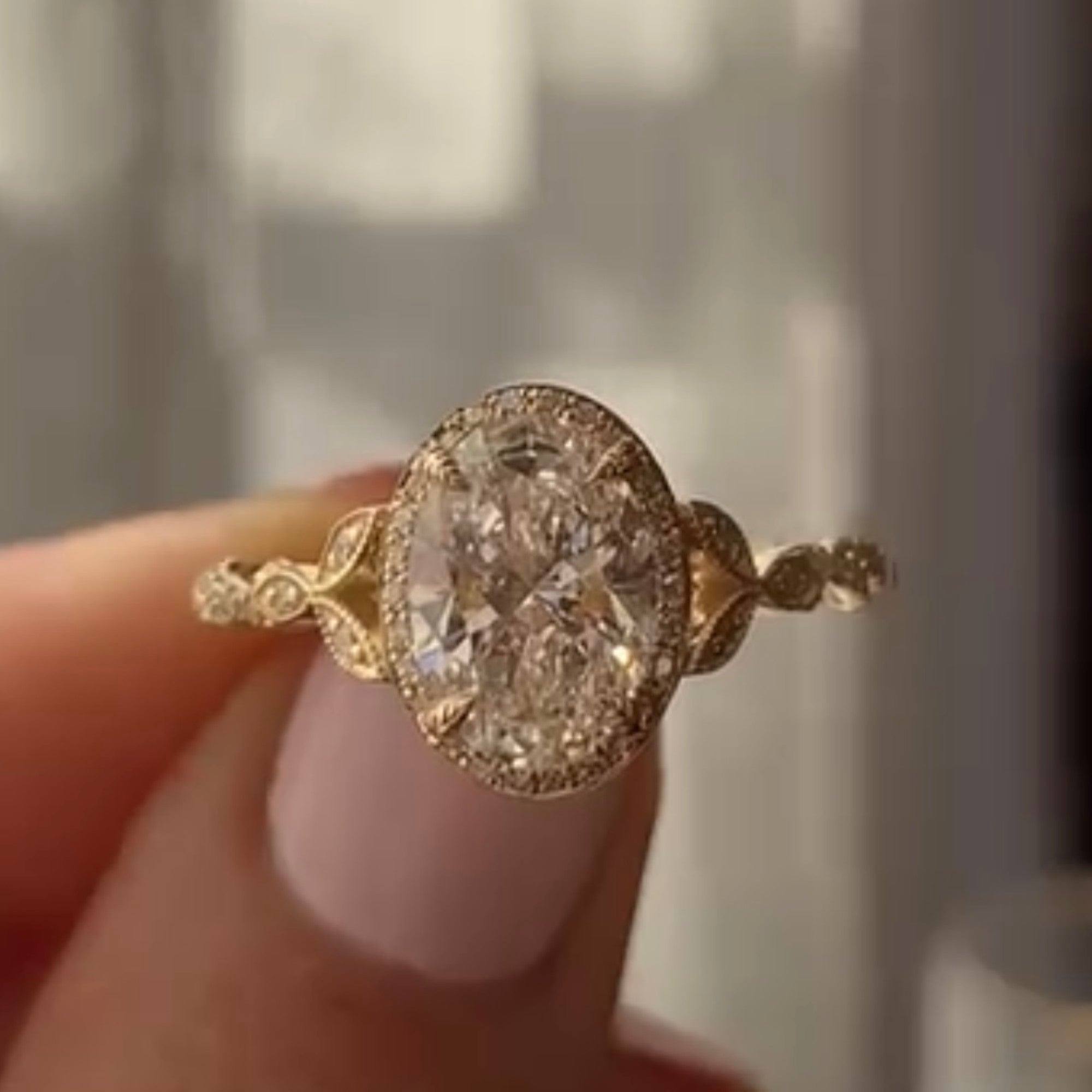 Oval Cut Lab Grown Diamond Ring Halo Set Twisted Band Ring