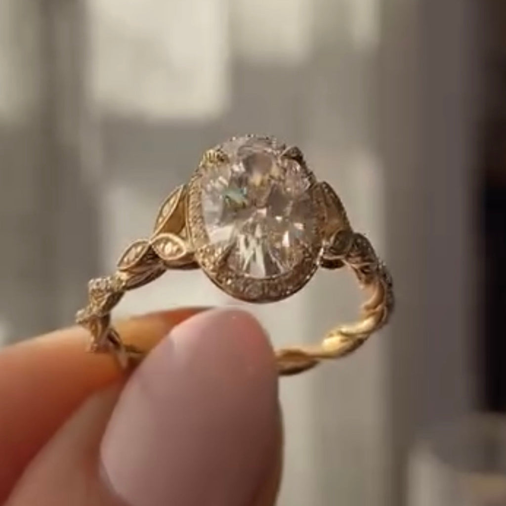 Oval Cut Lab Grown Diamond Ring Halo Set Twisted Band Ring