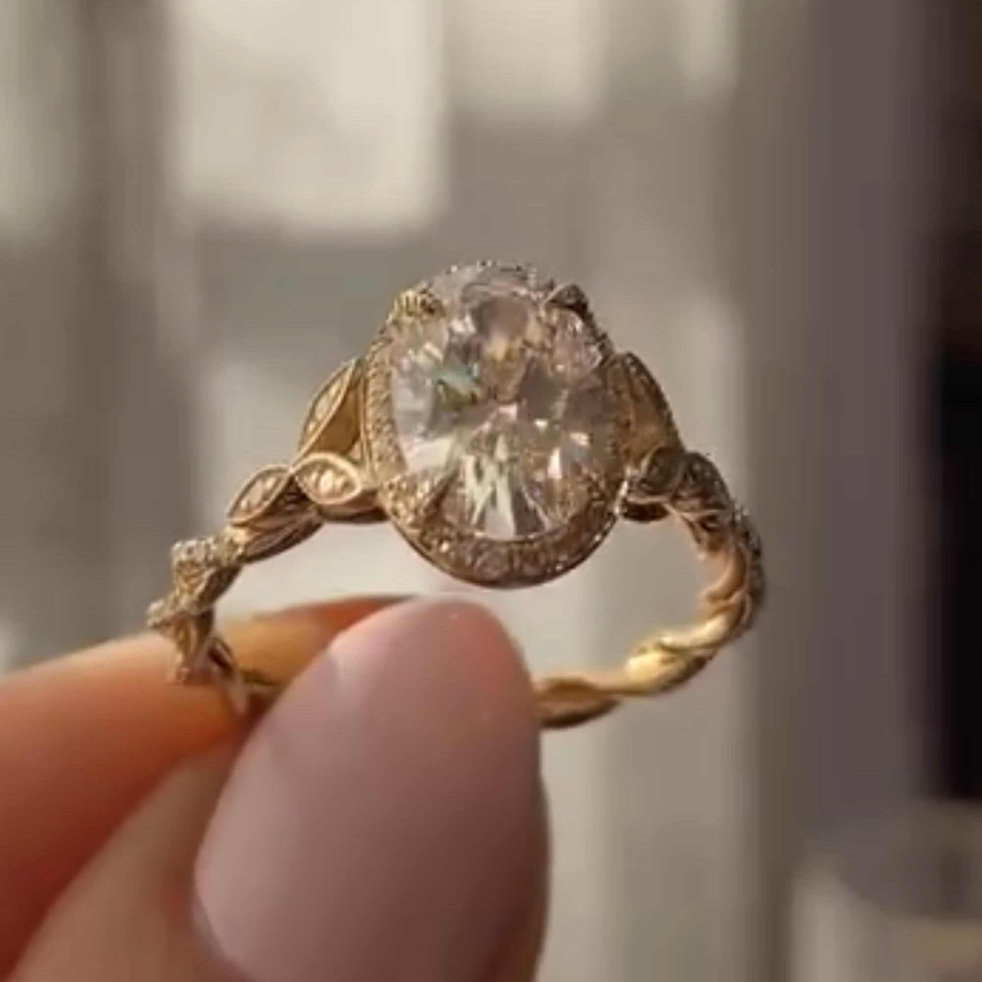 Oval Cut Lab Grown Diamond Ring Halo Set Twisted Band Ring