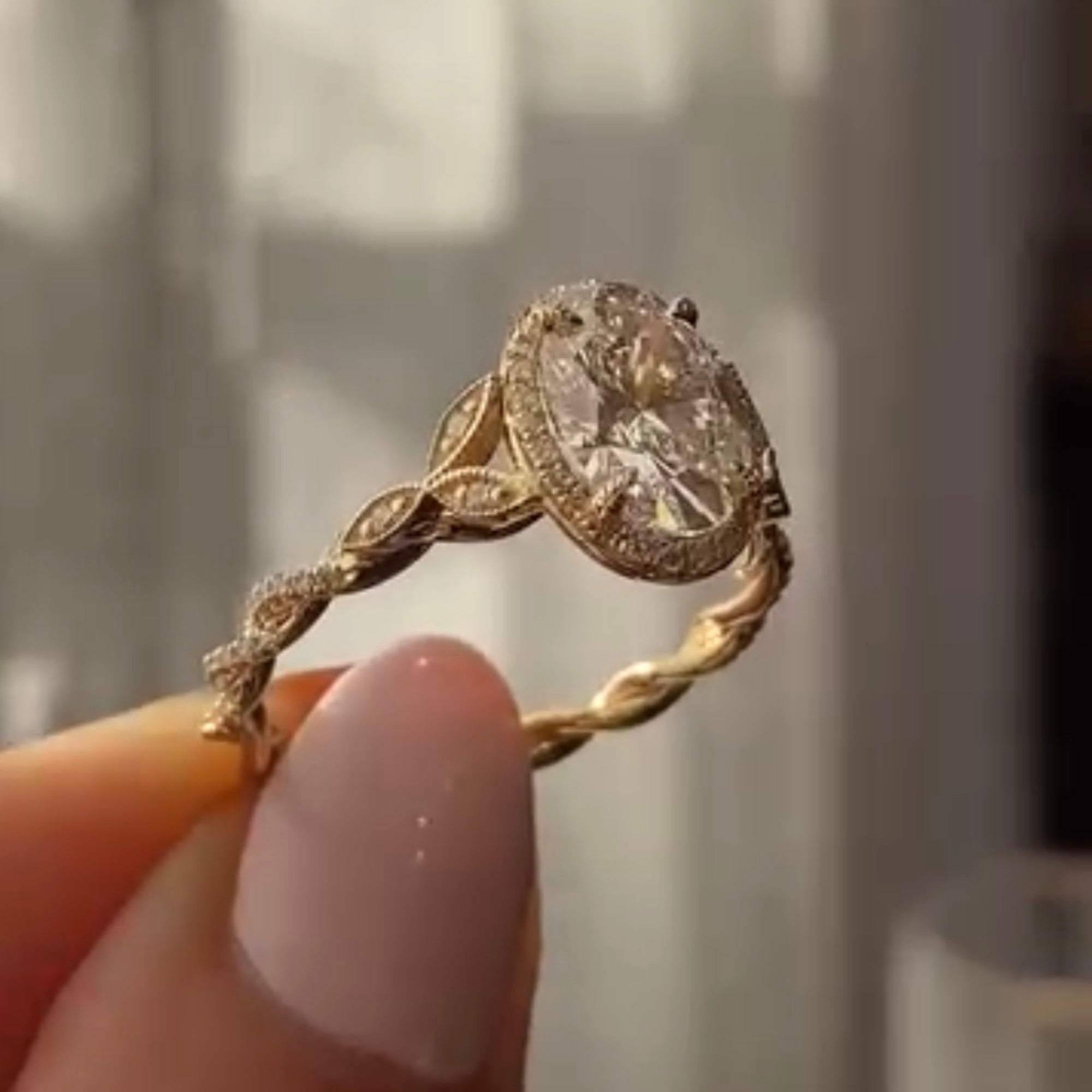 Oval Cut Moissanite Diamond Ring Halo Set Twisted Band Ring