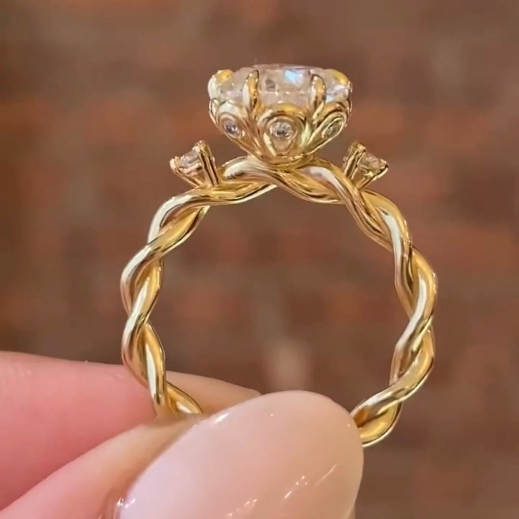 Pear Cut Lab Grown Diamond Ring Three Stone Tulip Set Twisted Band Ring