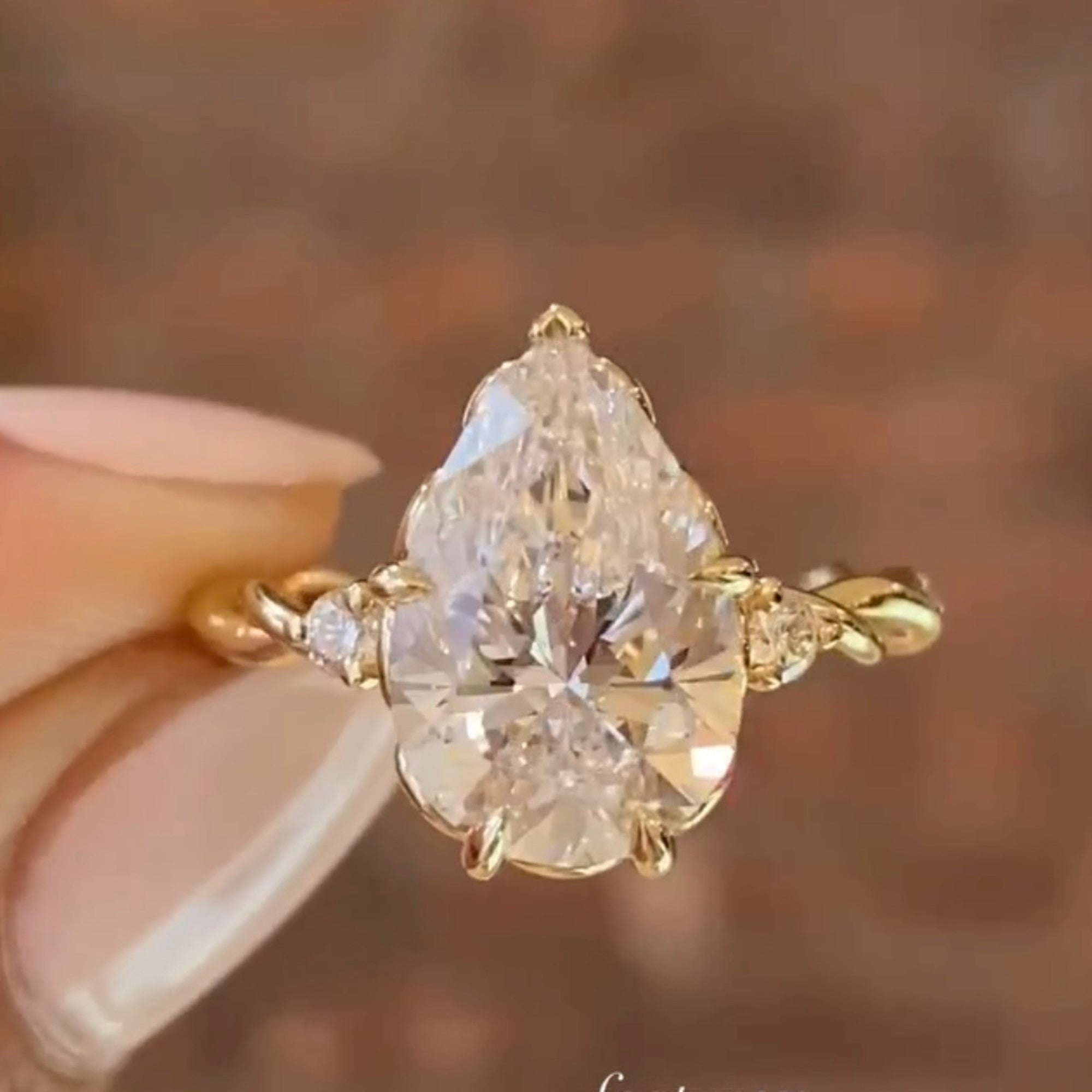 Pear Cut Lab Grown Diamond Ring Three Stone Tulip Set Twisted Band Ring