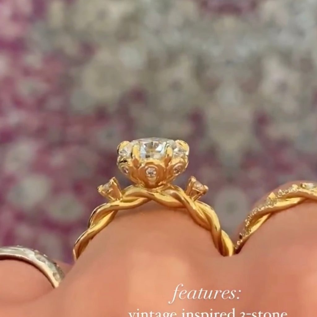 Pear Cut Lab Grown Diamond Ring Three Stone Tulip Set Twisted Band Ring