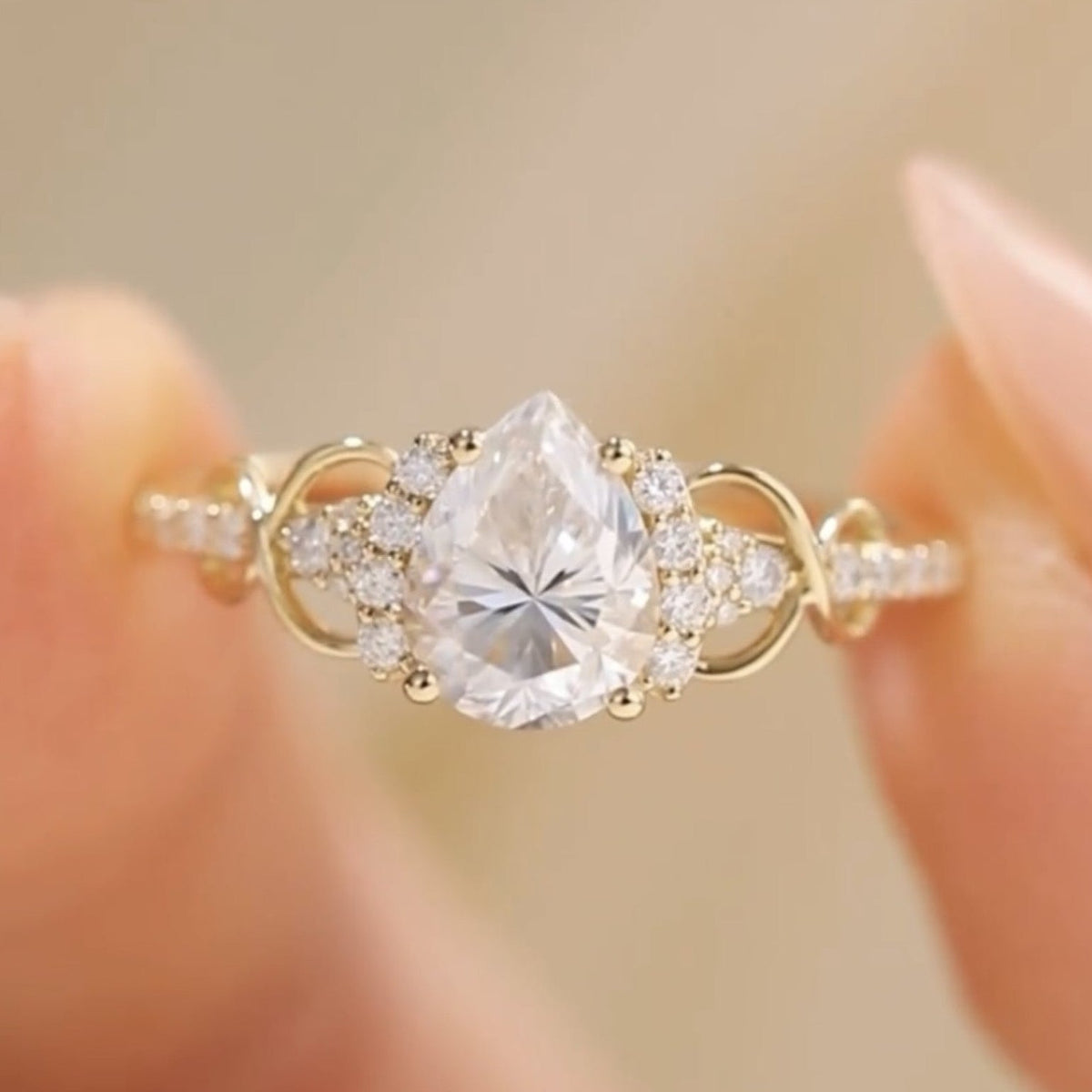 Art Deco Pear Moissanite Engagement Ring  Gold Vintage Cluster Ring Wedding Ring For Women Nature Inspired Anniversary Ring