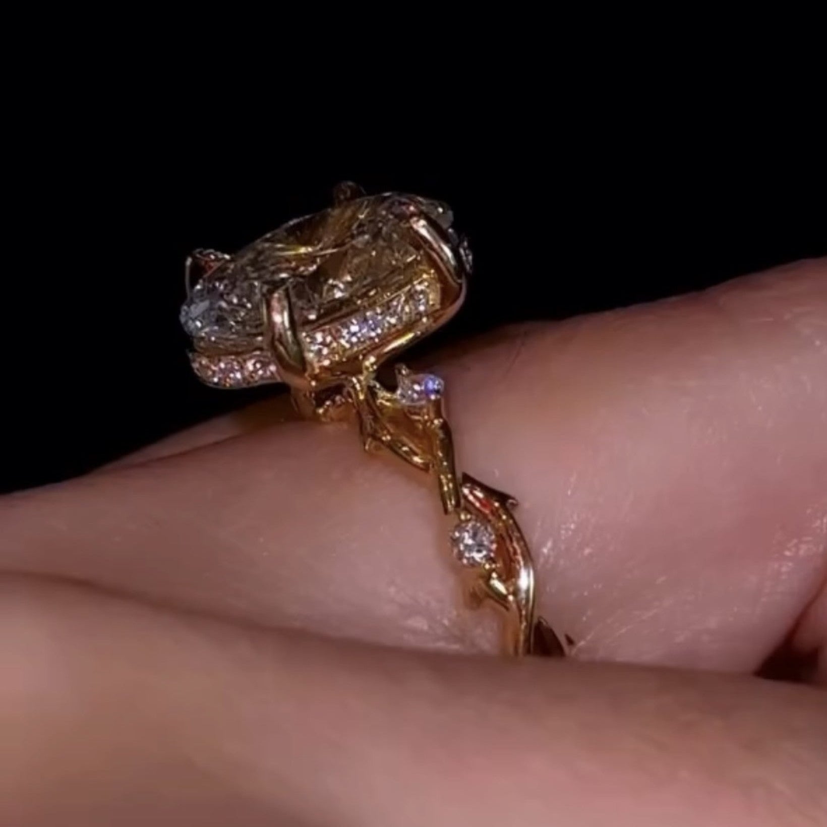 Oval Cut Vintage lab Grown Ring Twisted Band Oval Engagement Ring Hidden Halo Ring Gold Nature Inspired Ring Wedding Ring For Her