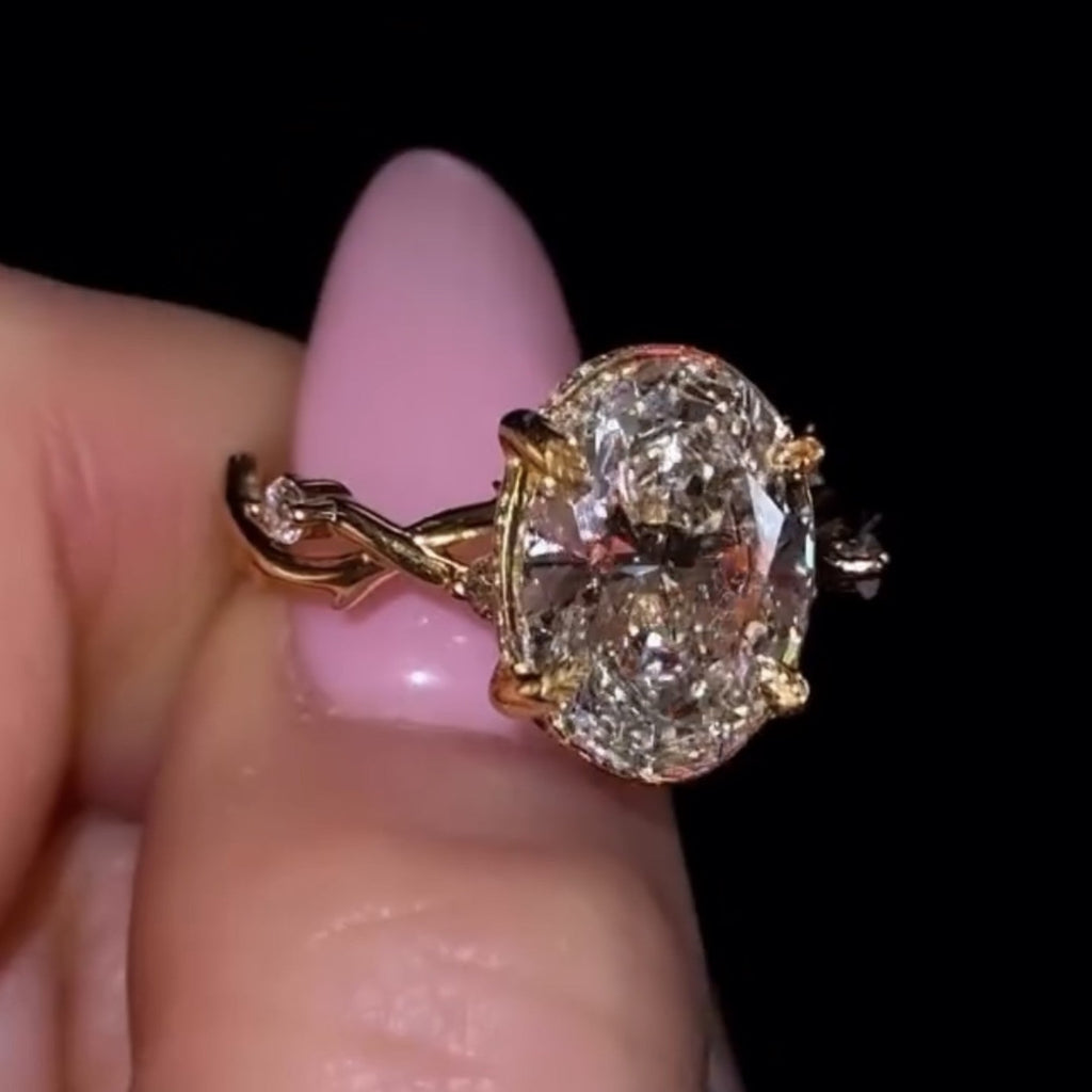 Oval Cut Vintage Moissanite Ring Twisted Band Oval Engagement Ring Hidden Halo Ring Gold Nature Inspired Ring Wedding Ring For Her