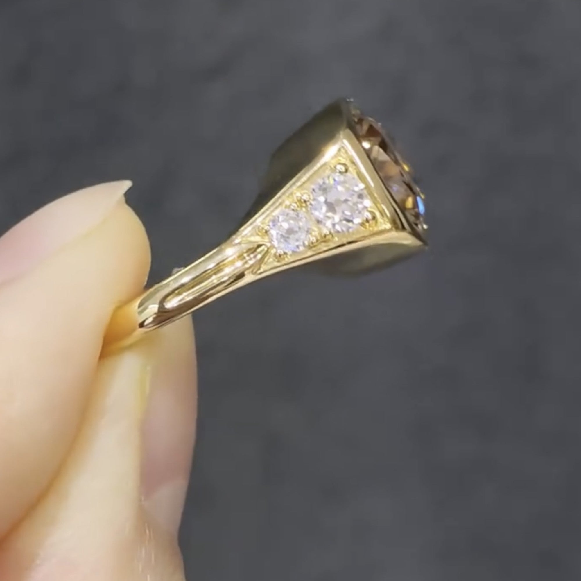 Brown Elongated Cushion Cut Old Mine Lab Grown Ring East West Bezel Set Cushion Engagement Ring Gold Wedding Ring Promise Ring