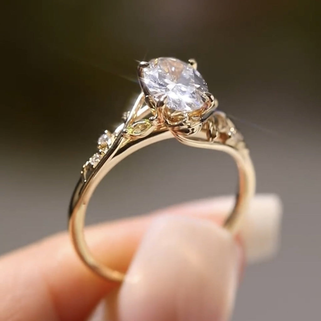 Vintage Oval Engagement Ring Oval Art Deco Moissanite Ring Solid Gold Nature Inspired Ring Wedding Rings For Women Anniversary Ring