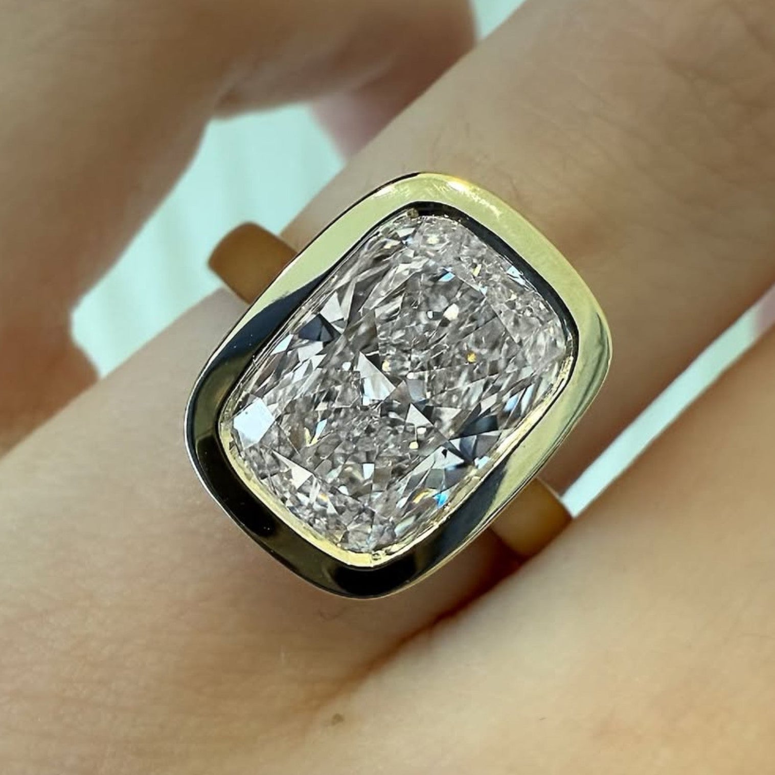 Bezel Set Elongated Cushion Cut Lab Grown Engagement Cushion Ring Solid Gold Solitaire Wedding Ring Anniversary Ring For Women