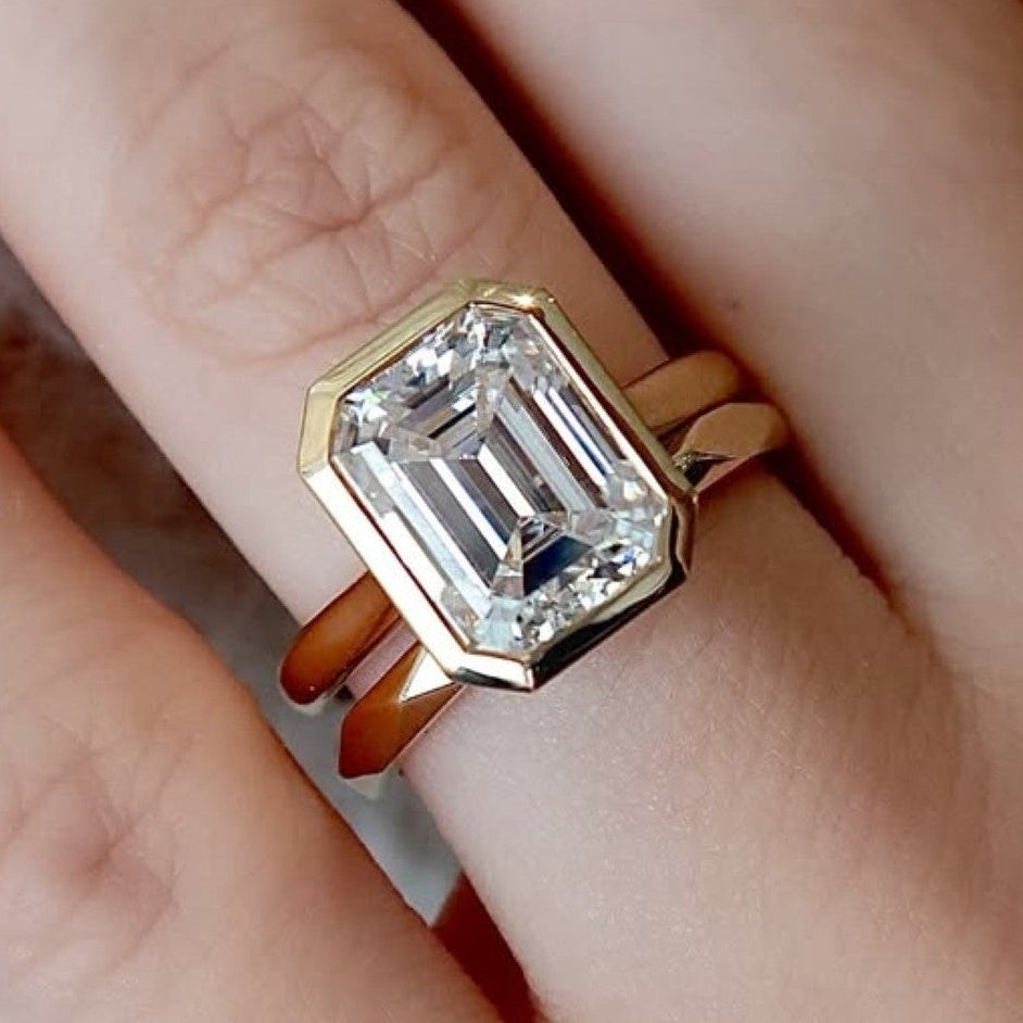 Bezel Set Emerald Cut Lab Grown Engagement Ring Set Gold Bridal Set Solitaire Ring With Matching Band Wedding Ring Set For Women