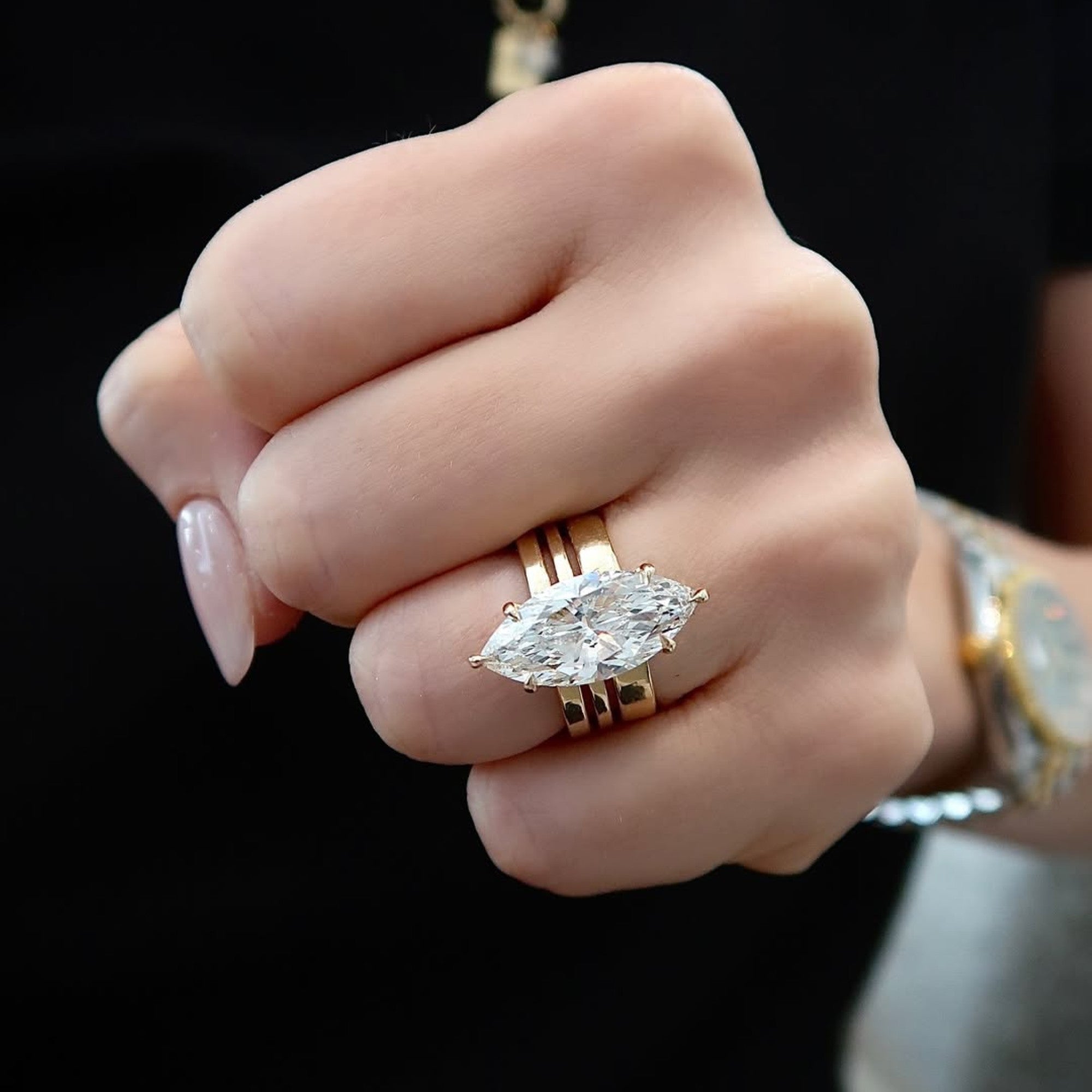 Marquise Cut Lab Grown Engagement Ring Trio Band Solitaire Ring Solid Gold Wedding Ring Anniversary Ring  For Women