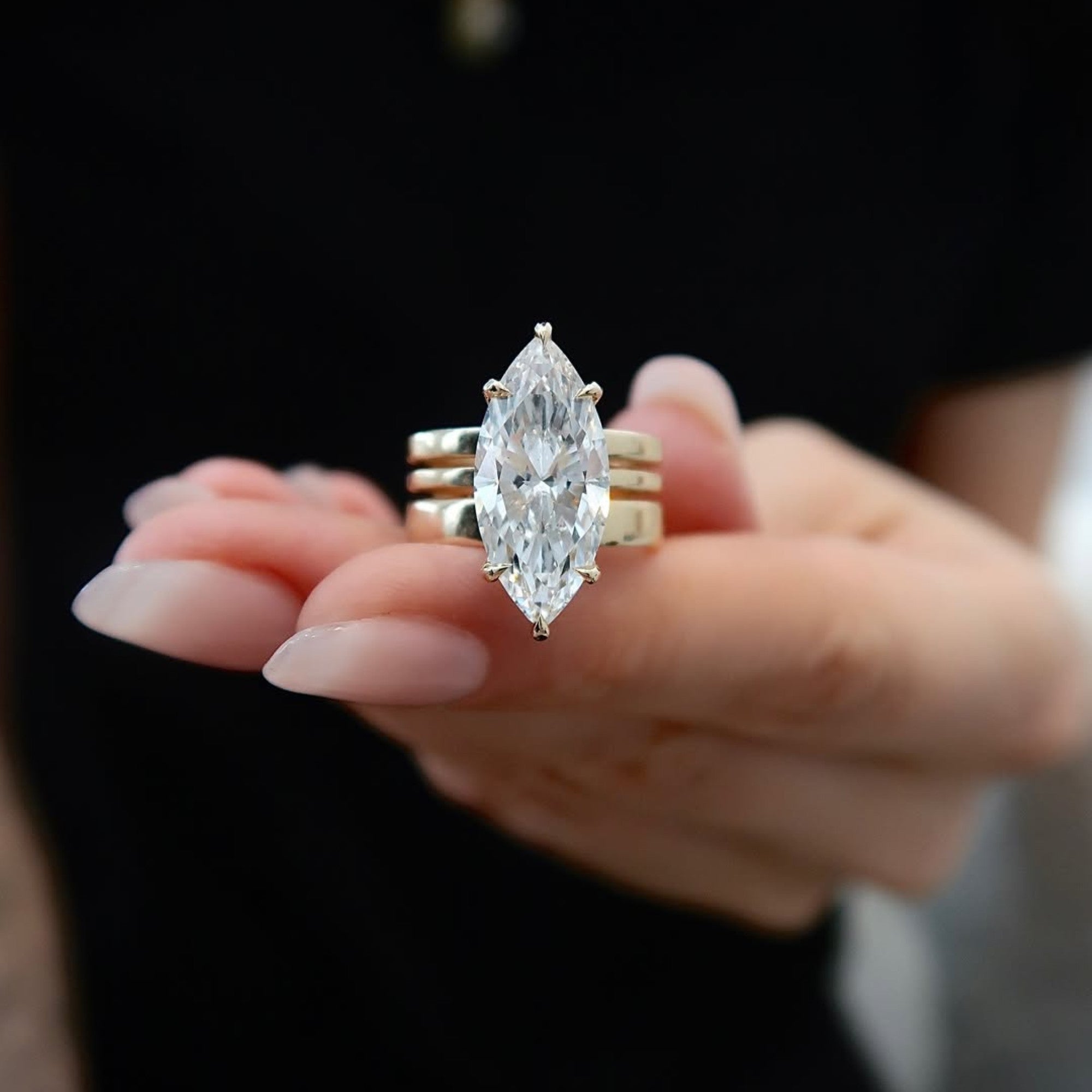 Marquise Cut Moissanite Engagement Ring Trio Band Solitaire Ring Solid Gold Wedding Ring Anniversary Ring  For Women