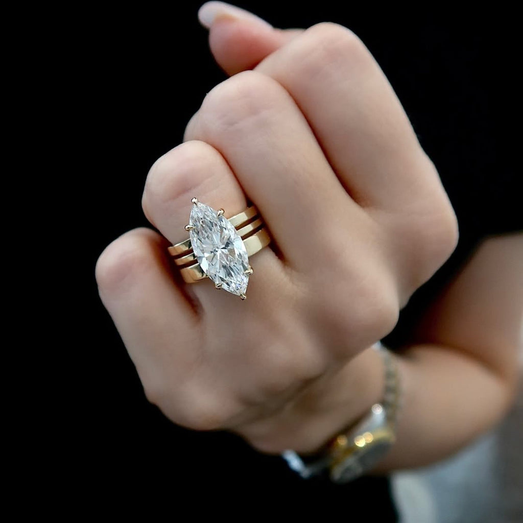 Marquise Cut Moissanite Engagement Ring Trio Band Solitaire Ring Solid Gold Wedding Ring Anniversary Ring  For Women