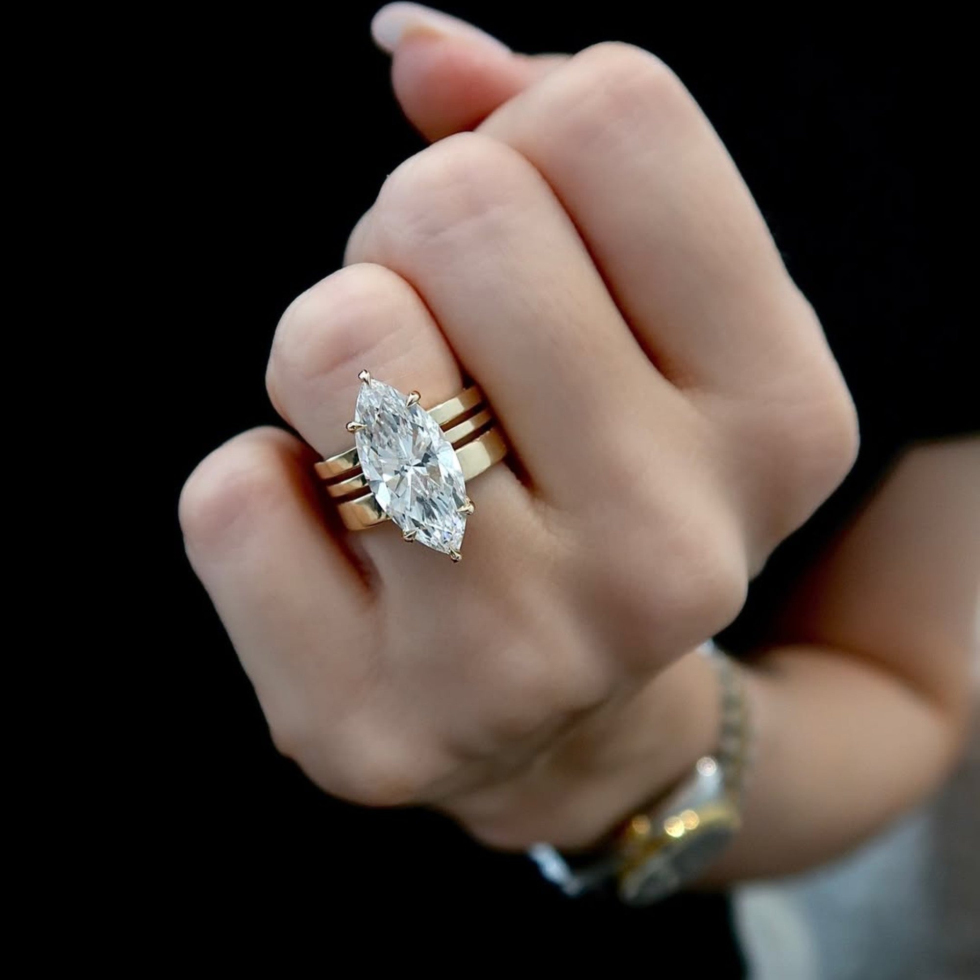 Marquise Cut Moissanite Engagement Ring Trio Band Solitaire Ring Solid Gold Wedding Ring Anniversary Ring  For Women