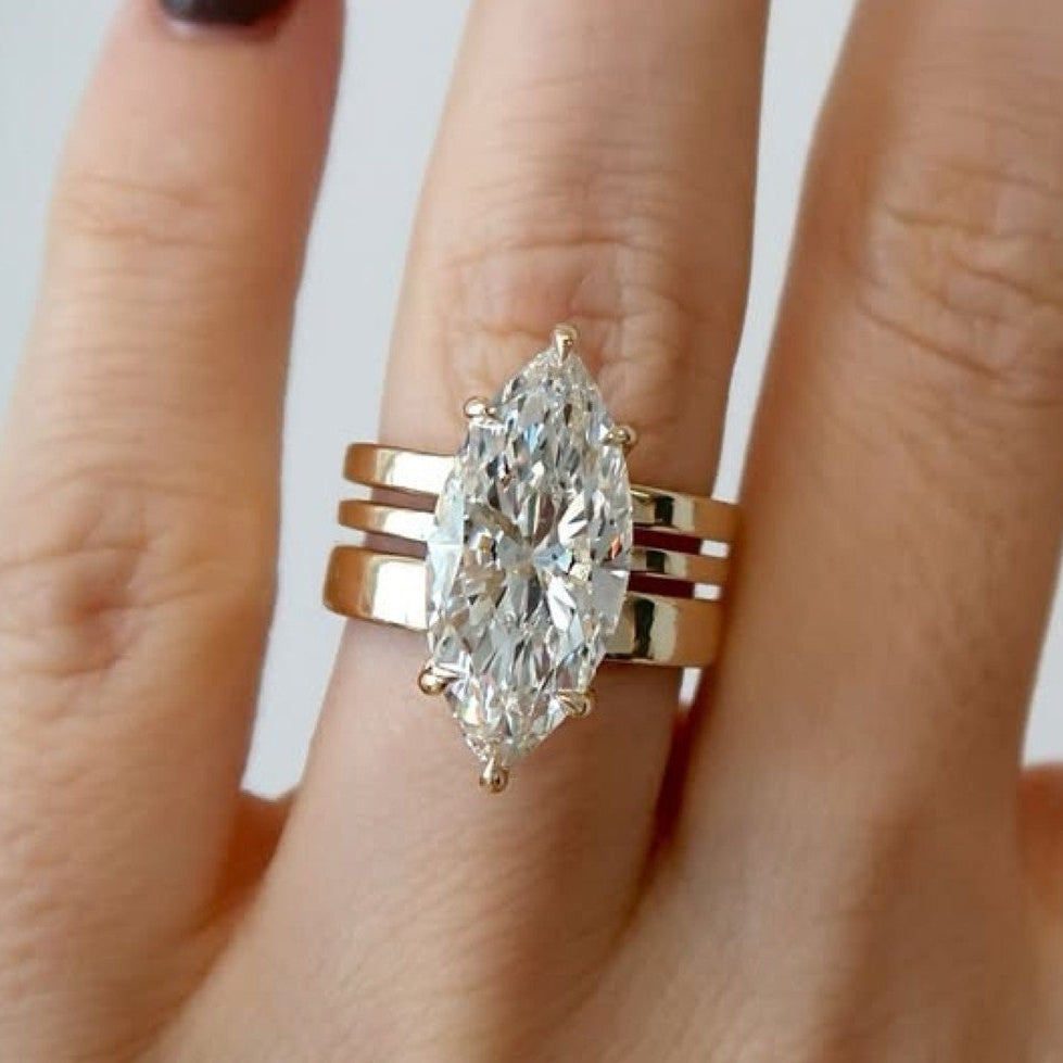 Marquise Cut Lab Grown Engagement Ring Trio Band Solitaire Ring Solid Gold Wedding Ring Anniversary Ring  For Women
