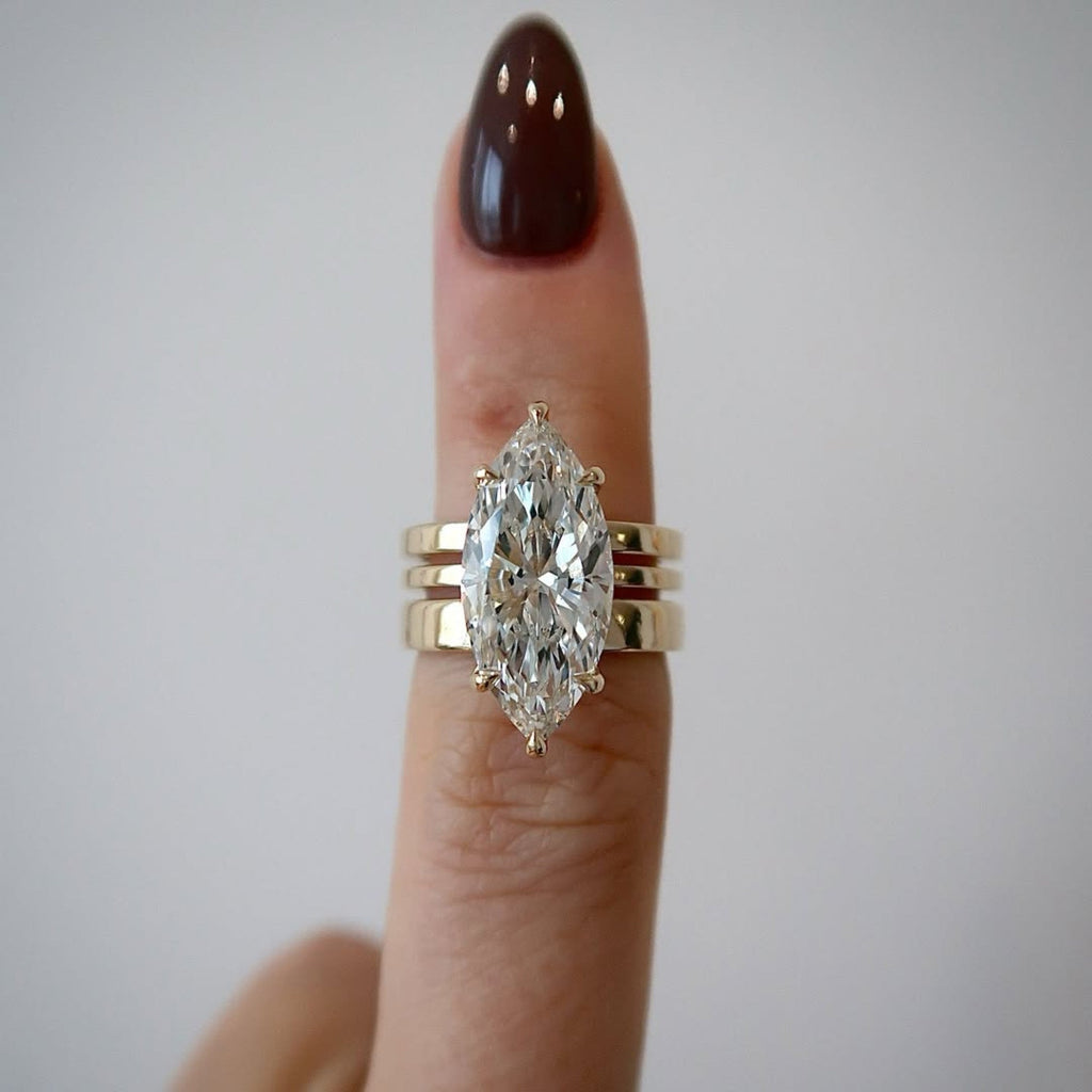 Marquise Cut Lab Grown Engagement Ring Trio Band Solitaire Ring Solid Gold Wedding Ring Anniversary Ring  For Women