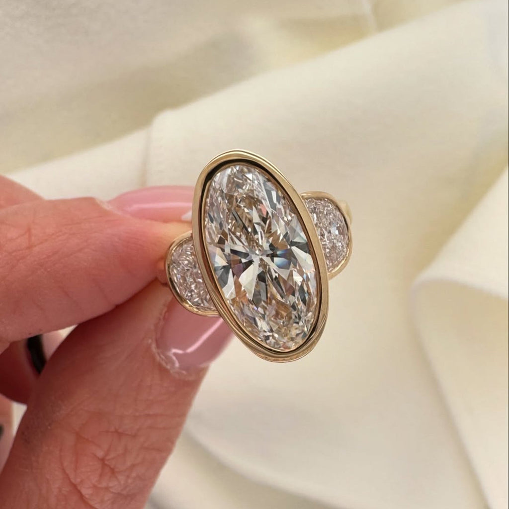 Bezel Set Elongated Oval Cut Engagement Ring Three Stone  Oval Lab Grown Ring  Past Present Future Ring Wedding Rings For Her