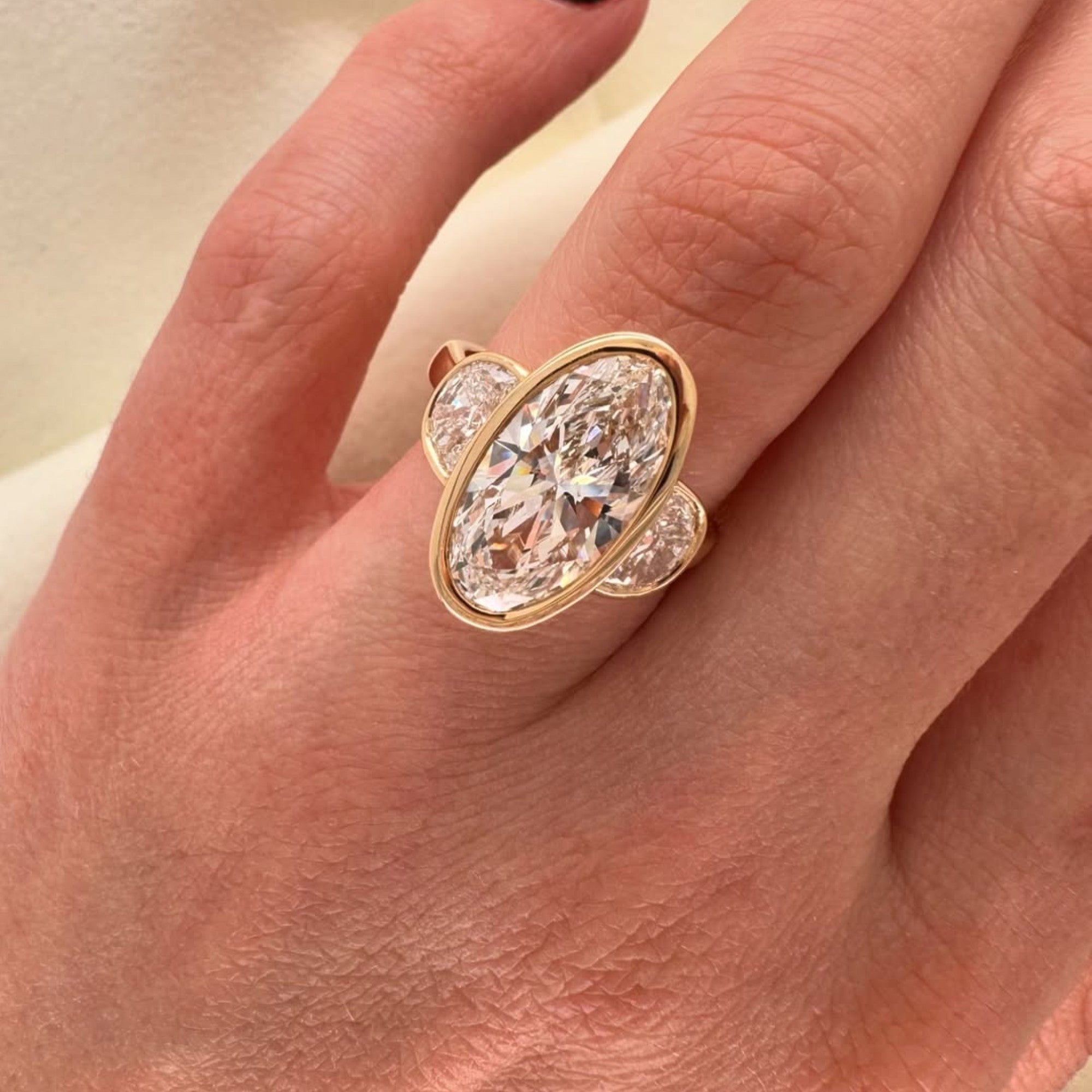 Bezel Set Elongated Oval Cut Engagement Ring Three Stone  Oval Moissanite Ring  Past Present Future Ring Wedding Rings For Her