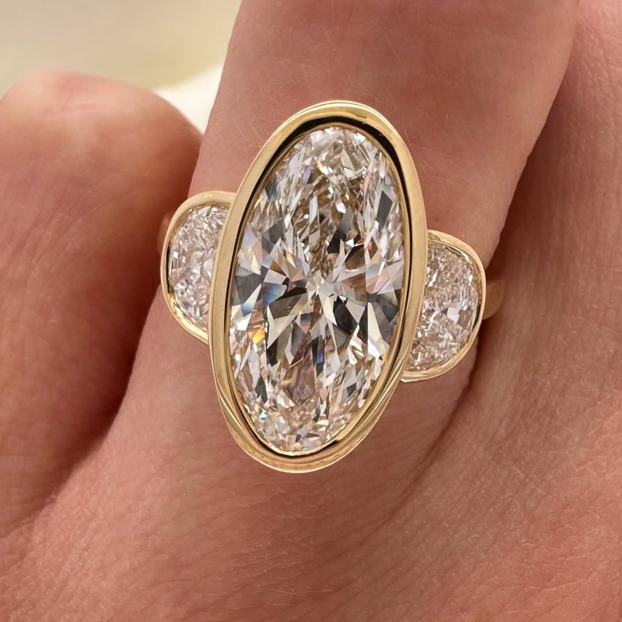 Bezel Set Elongated Oval Cut Engagement Ring Three Stone  Oval Moissanite Ring  Past Present Future Ring Wedding Rings For Her